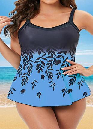 1460 купальник великий розмір 4xl,5xl танки блакитний із синіми листочками