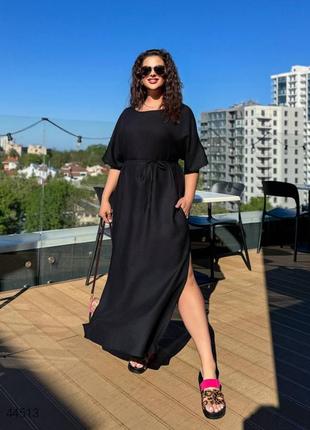 Лляна сукня максі з кишенями та розрізами, розміри від 42 до 56