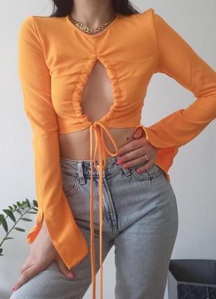 Яркий оранжевый оранжевый кроп топ вырез длинный рукав divided by h&amp;m