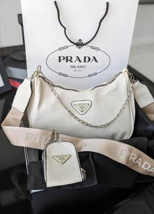 Базовая фирменная молочная женская сумка prada светлая женская сумка хобо сумка-хобо prada нейлоновая сумка багет сумка на плечо сумка из нейлона