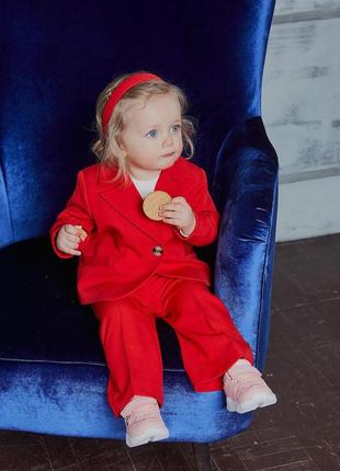 Костюм — двійка дитячий брючний для дівчинки, піджак, штани, ошатний, на день народження, червоний