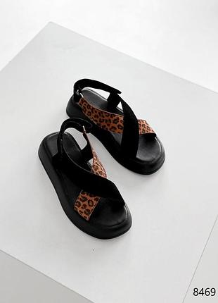 Босоніжки жіночі alias чорні + леопард натуральна шкіра