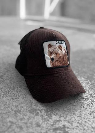 Стильная кепка бейсболка коричневая с принтом медведь