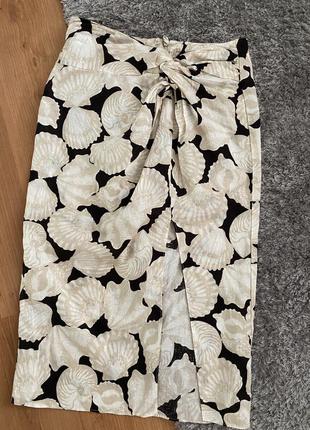 Льняная юбка с узлом и разрезом h&m 42/m/l🌺