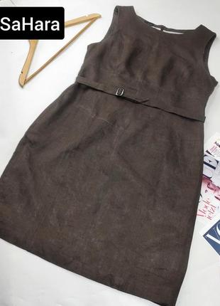 Платье женское миди лен коричневого цвета с поясом от бренда sa hara l xl