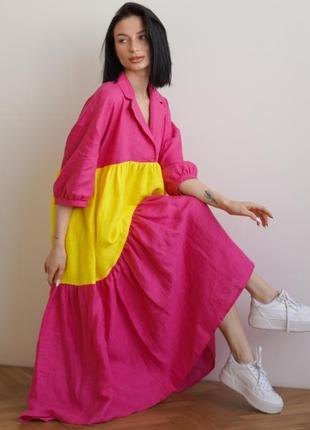 Малиновое платье макси оверсайз с длинным рукавом и воланами в стиле бохо из льна