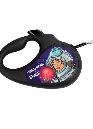 Поводок-рулетка для собак waudog r-leash, рисунок "больше космоса", светоотражающая лента, s, до 15 кг, 5 м черный