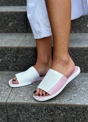 Білі з рожевим легкі натуральні шкіряні шльопанці шльопки 36-39