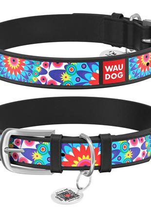 Ошейник для собак кожаный waudog design с qr паспортом, рисунок "цветы", ш 15 мм, дл 27-36 см черный
