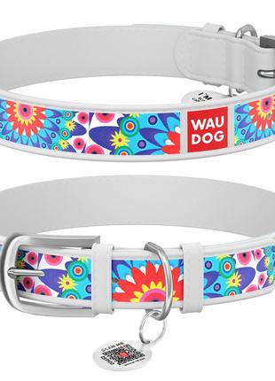 Ошейник для собак кожаный waudog design с qr паспортом, рисунок "цветы", ш 20 мм, дл 30-39 см белый