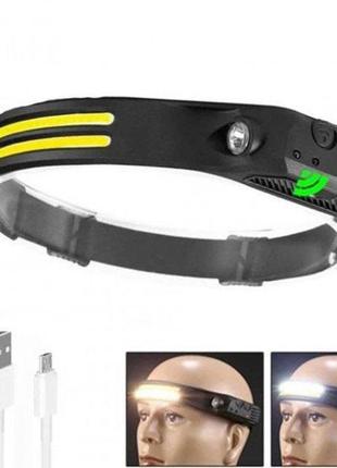 Led фонарь налобный bl-w689-lm+2cob (white+red) датчик жвижения