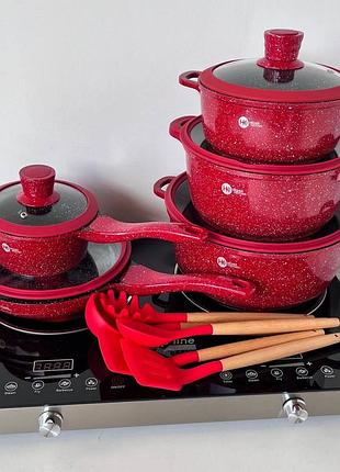 Набор круглих кастрюль + силиконовые принадлежности higher kitchen нк-316 (красный, черный)