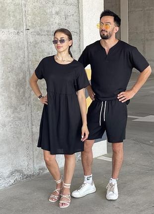 Парное льняное look, женское платье и мужской легкий костюм, комплект парный летний