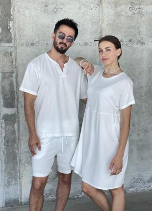 Парное льняное look, женское платье и мужской легкий костюм, комплект парный летний