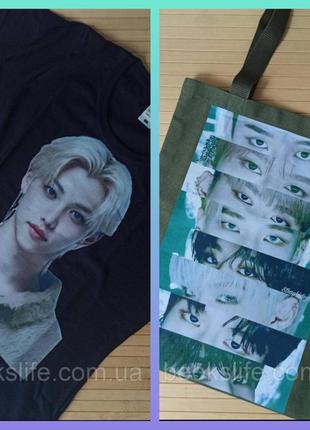 Комплект футболка черная s ли феликс (ли йонбук) + сумка шоппер зелена stray kids
