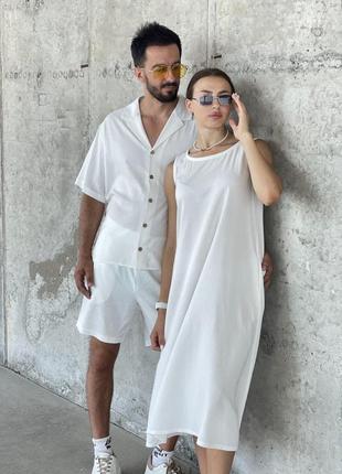 Парное льняное look, женское платье и мужской легкий костюм, комплект парный летний