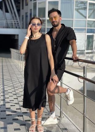 Парное льняное look, женское платье и мужской легкий костюм, комплект парный летний
