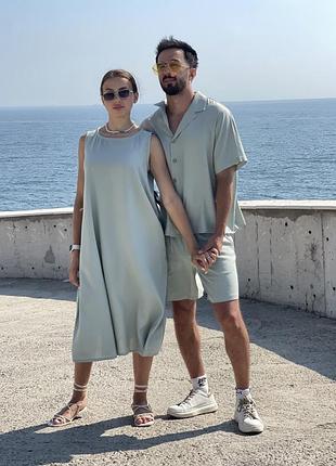 Парное льняное look, женское платье и мужской легкий костюм, комплект парный летний