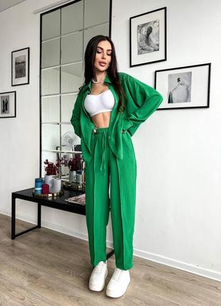 Сорочка на ґудзиках, штани прямі з перестрочками на високій посадці  костюм синій зелений