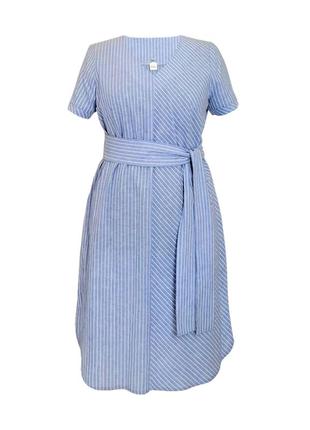 Свет – голубое льняное платье plus size в белую полоску1 фото
