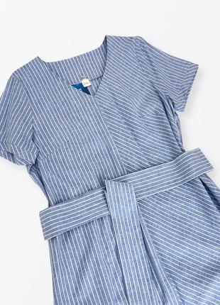 Свет – голубое льняное платье plus size в белую полоску2 фото