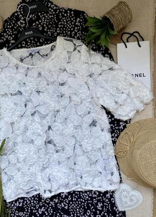 Next белая кружевная блуза с листочками листьями и розами размер l-xl вискоза