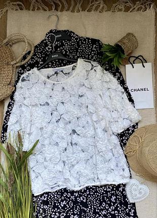 Next белая кружевная блуза с листочками листьями и розами размер l-xl вискоза