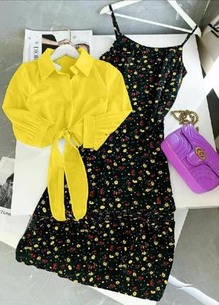 Костюм короткий сарафан на тонких бретелях плаття з квітковим принтом сукня вкорочена сорочка із зав'язками комплект чорний жовтий білий рожевий5 фото