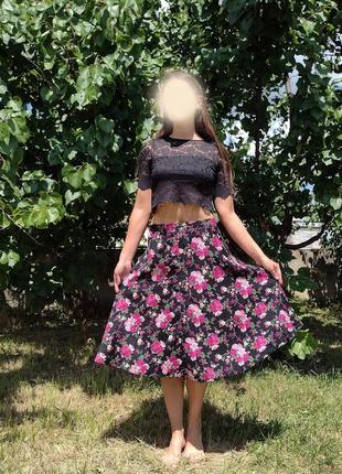 Красивая миди юбка с розами h&m коттон9 фото