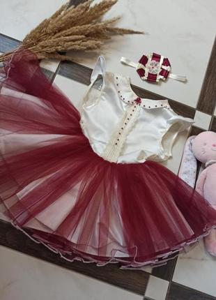 Праздничное платье фатин атлас кружево бусы повязка на голову с бантиком