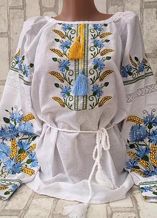 Вышиванка женская на домотканом полотне "колоски с васильками" 40-58 р-ры