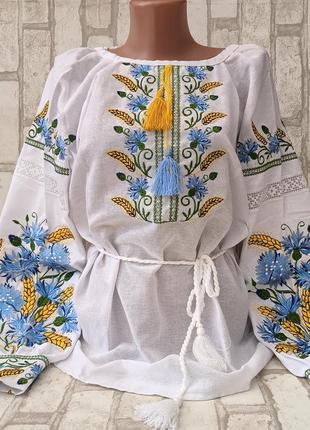 Вышиванка женская на домотканом полотне "колоски с васильками" 40-58 р-ры