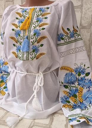 Вышиванка женская на домотканом полотне "колоски с васильками" 40-58 р-ры