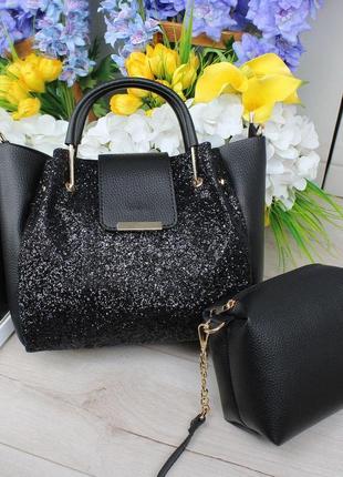 Комплект женских сумок черная с блеском1 фото