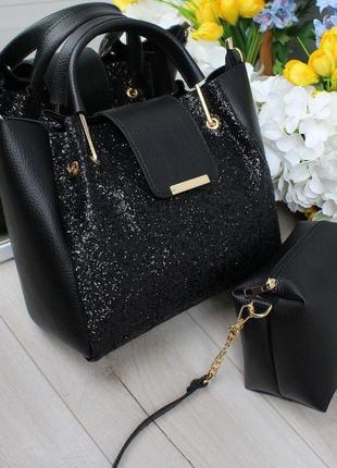 Комплект женских сумок черная с блеском5 фото