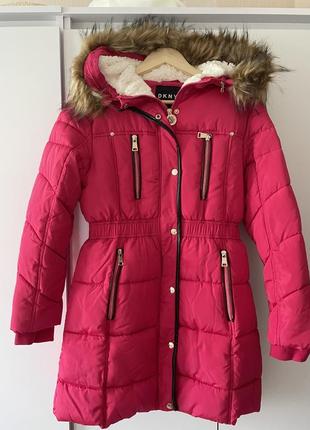 Hot pink dkny fur lined puffer coat пальто куртка