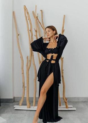 Жіночий стильний комплект хатній костюм afina халат-штани з тканини трикотаж двонитка в чорному кольорі