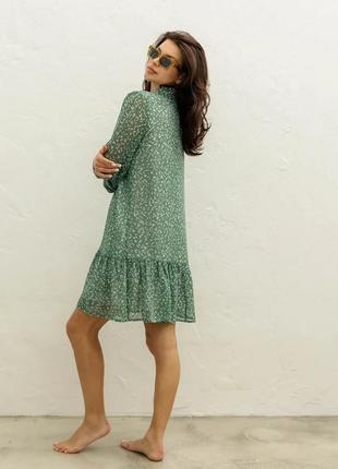 Сукня зелена літо шифонова прямого крою пишна юбка під пояс3 фото