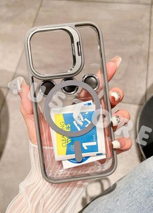 Чехол metal stand with magsafe на iphone 14 pro с линзами на камеру с подставкой с магсейф титановый серый