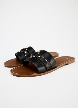 Кожаные черные шлепанцы женские zara new