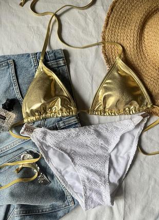 Раздельный золотой купальник на завязках shein