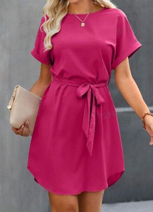 Платье короткое однотонное с поясом качественное стильное летнее повседневная малиновая зеленая