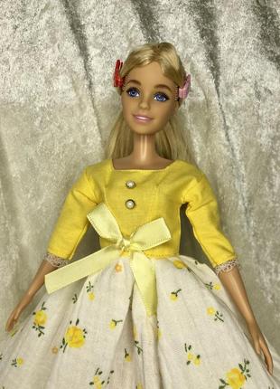 Одежда для кукол барби, желтое платье с розами4 фото
