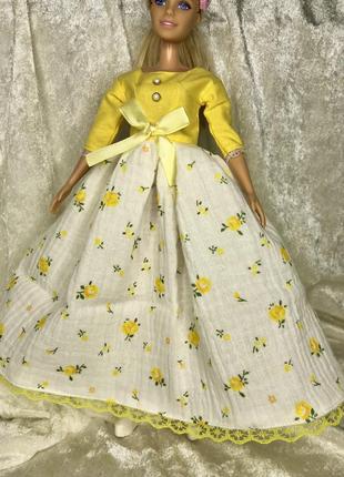 Одежда для кукол барби, желтое платье с розами3 фото