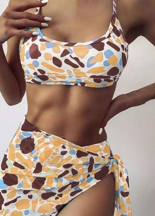 Коричневий купальник трійка купальник зі спідницею