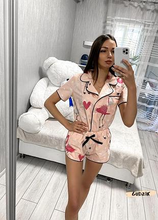 Жіноча бавовняна піжама з рубашкою та шортами фламінго