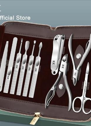 Набір для манікюру та педикюру manicure з нержавіючої сталі у шкіряній сумці 11 предметів kk-tz009