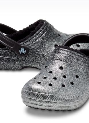 Crocs сабо на меху клоги утепленные крокс classic glitter lined clog black silver