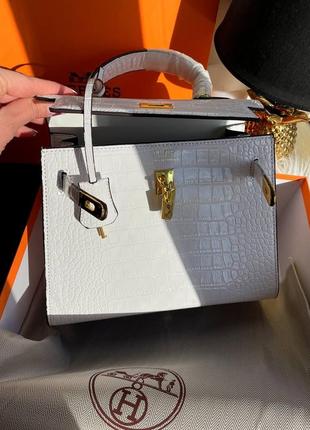 Сумка белая кожаная премиум в стиле hermes kelly3 фото