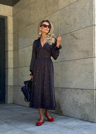 Жіноча сукня міді з широкими рукавами, корсетна, плаття, сарафан з принтом, без принту, сатин, штапель, віскоза, шовк, шифон